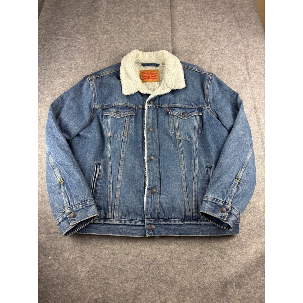 Levis Mens L Sherpa Lined Denim Trucker Jacket Medium Wash Blue Western Cowboy